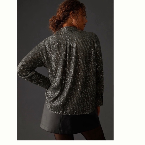 NWT Anthropologie Sequin Buttondown Long Sleeve Shirt in Slate size M - Picture 8 of 17